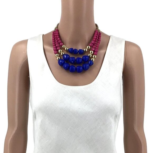 Triple Strand Necklace Pink Blue Gold Tone Beaded Statement Adjustable Length - Picture 2 of 2